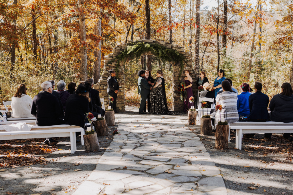 Rachel & Nisha's ceremony at the Woods and Stone Arch setting.